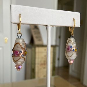 Vintage Lamp-work Bead Earrings Rose Gold & Pink